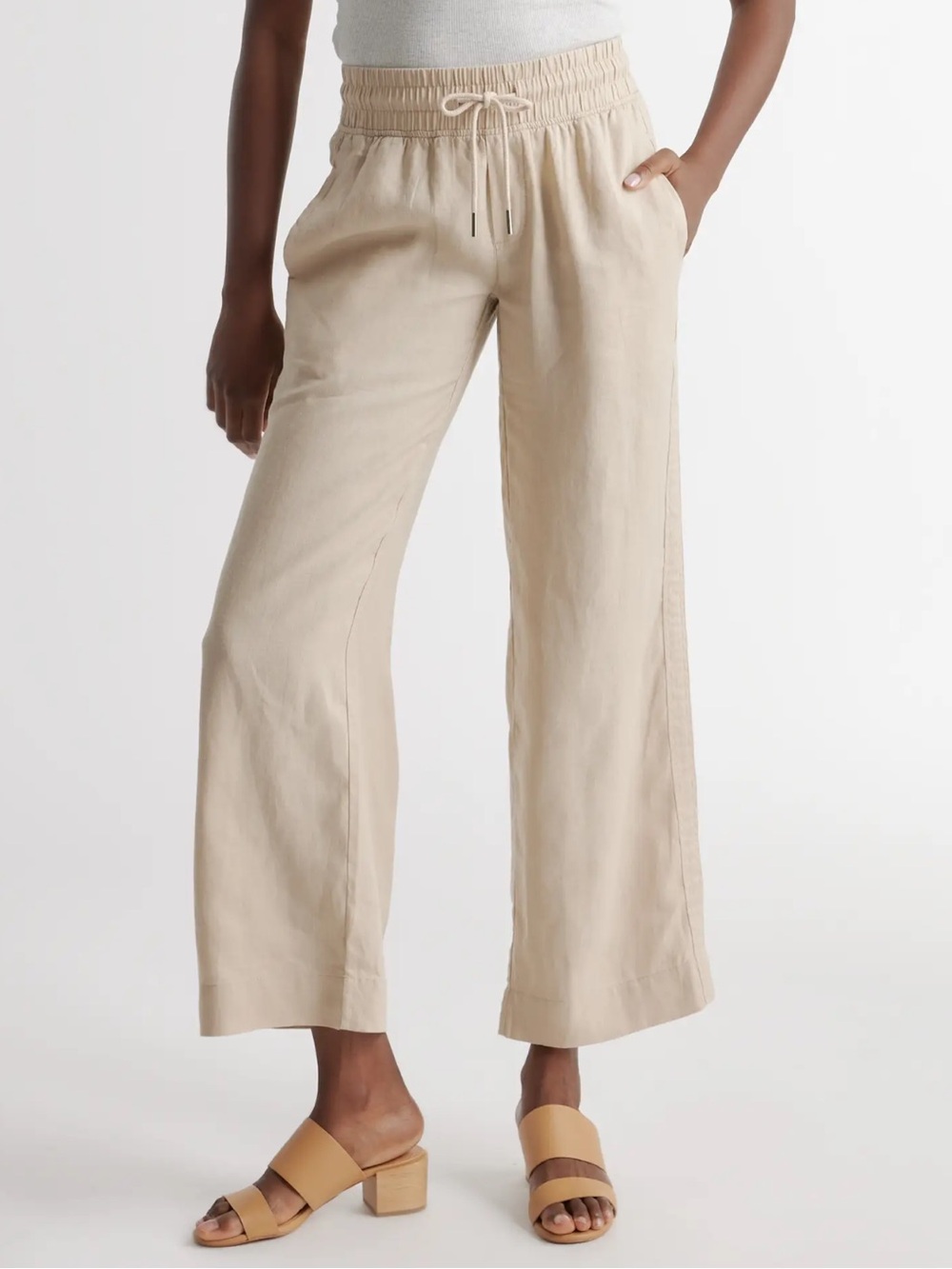 Quince Wide Leg 100% Linen Pants Size Large Tan Wide Elastic Drawstring Waist